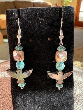 Hand Crafted Turquoise and Iridescent Nacre Bird Drop Earrings